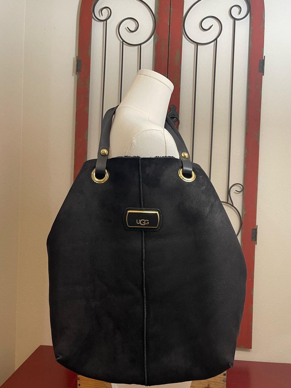 Vintage UGG Black Suede Shearling Tote Bag | Genuine Leather & Sheepskin